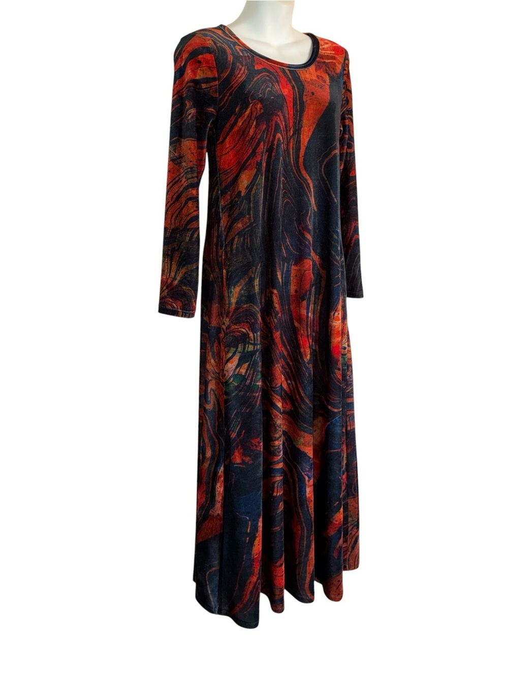 Soft Surroundings maxi dress women's PXS Red/Black Marble-Print cozy velour. Euc